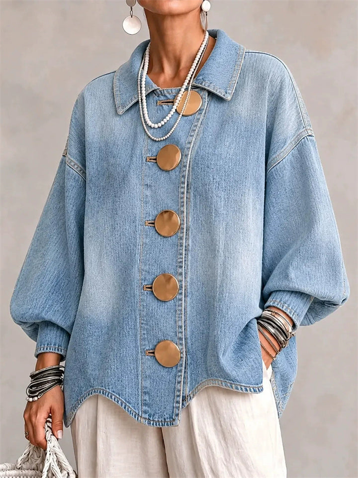 Women Autumn Stylish Oversize Lapel Metal Button Denim Jacket