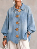 Women Autumn Stylish Oversize Lapel Metal Button Denim Jacket