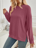 Women's Casual Solid Color Split Round Neck Long Sleeve T-Shirt
