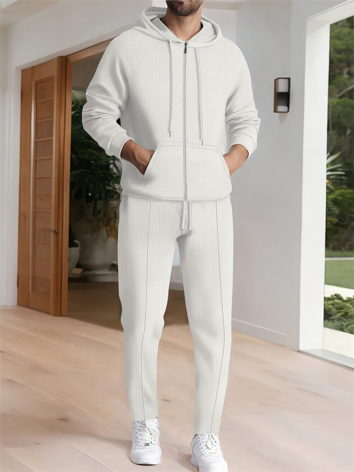 Sporty Waffle Long Sleeve Hooded Outfits for Men