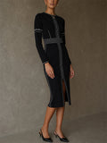 Women Classy Black Geometric Pattern Slit Slimming Knit Dress