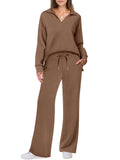 Women's Autumn Casual V Neck Lapel Long Sleeve Solid Color Outfit