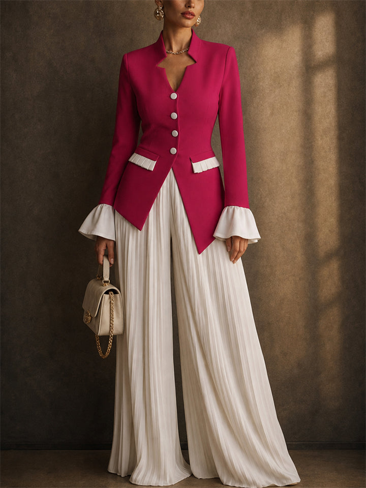 Women 2 Piece White Ruffle Blazer and Pleated Wide Leg Pants Set