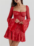 Flared Sleeve Ruffle Sexy Lace Dress for Ladies