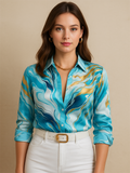 Women's Trendy Contrast Color 3D Print Lapel Long Sleeve Blouses