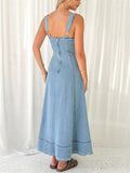 Women's Solid Color Denim Strap Maxi Dress with Pockets