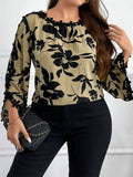 Plus Size Women's Elegant Flowers Print Patchwork 3/4 Sleeve Shirts