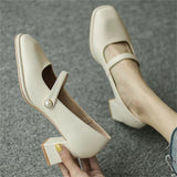 Vintage Square Toe Pearl Chunky Heels Mary Jane Shoes
