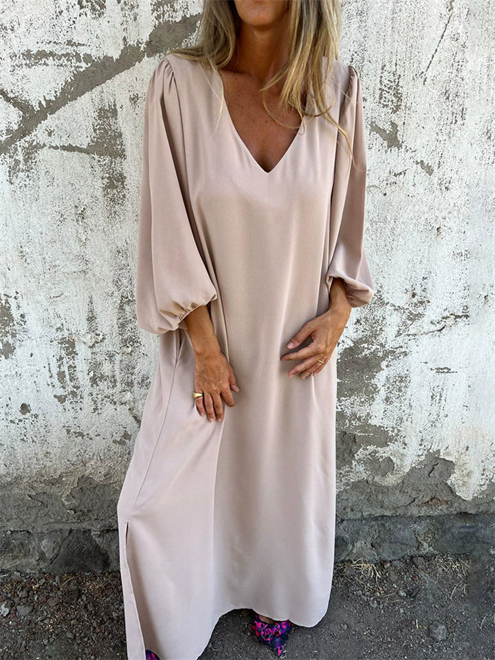 Women's Autumn Casual Loose V-neck Solid Color Lantern Sleeve Dress