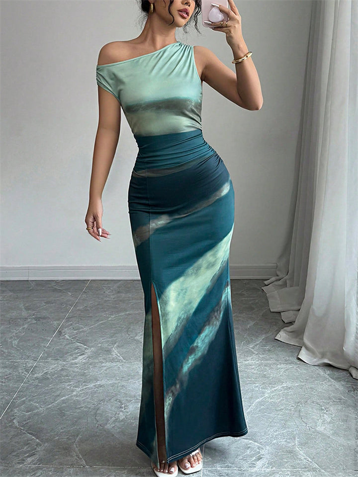 ‌Elegant Teal Green One Shoulder Slim Fit Maxi Dress for Women