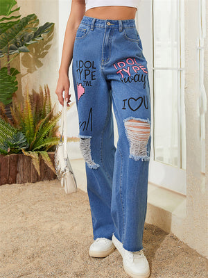 Women's Pink Heart Letter Graffiti Street Light Blue Jeans