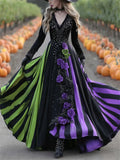 Women's Halloween Stripes Floral Printed Comfy V Neck Maxi Dress
