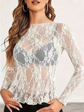 Sexy Sheer Lace Long Sleeve Sabrina Neck Shirts for Women