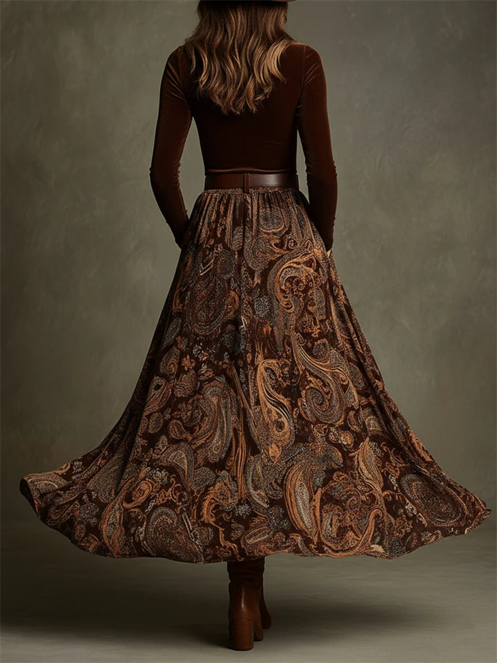 V‌intage Caramel Velvet Top and Paisley Print Skirt Set for Women‌