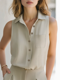 Ladies' Elegant Khaki Solid Color Button Up Lapel Sleeveless Blouses
