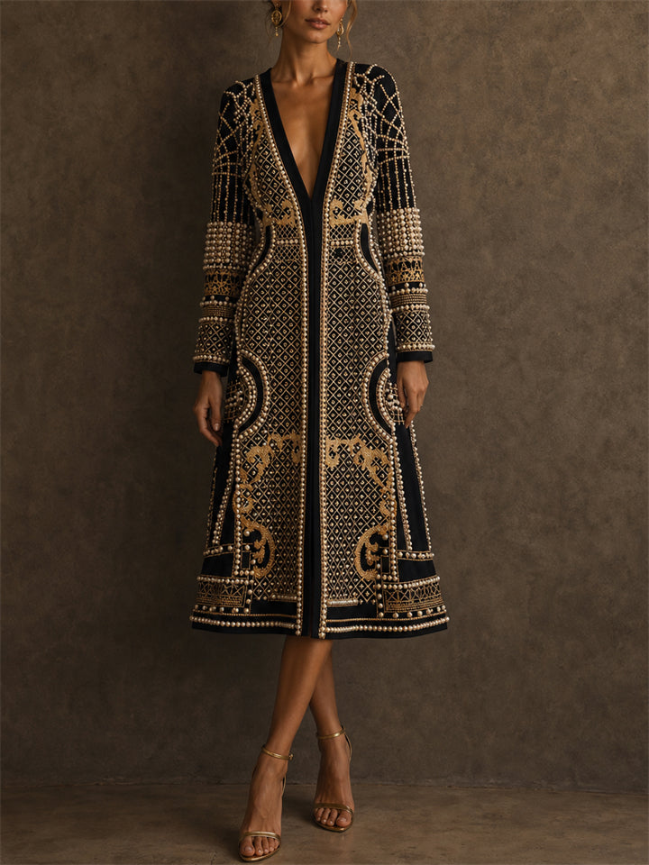 Womens Stylish Gold Beaded Long Sleeve V Neck Outerwear