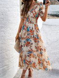 V-Neck Floral Print Holiday Maxi Dresses for Ladies