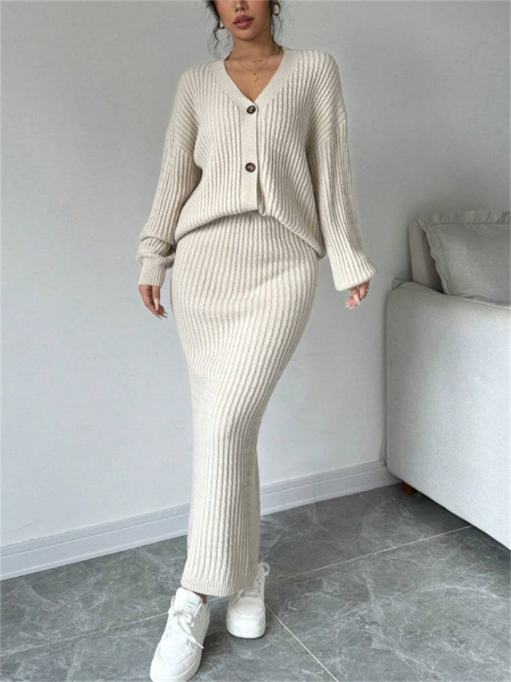 Women's Grunge Style V-Neck Button Up Cardigan Top and Midi Dress Set