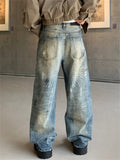Men's Streetwear‌ Loose Fit Wash Distressed Jeans with Beads and Rhinestone