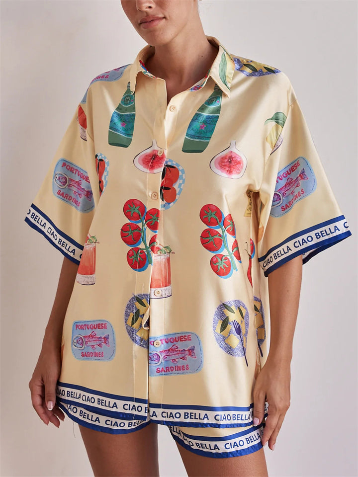 Women's 2pcs Casual Cartoon Print Button Up Short Sleeve Top & Pants Set