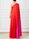 Women's Contrast color Asymmetric One-Shoulder Long Dress