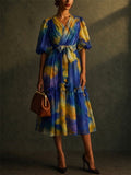 Womens Watercolor Floral Pleated Puff Sleeve Midi Dress