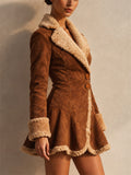 Women Vintage Faux Suede Coat Shearling Trim Button Front Winter Coat