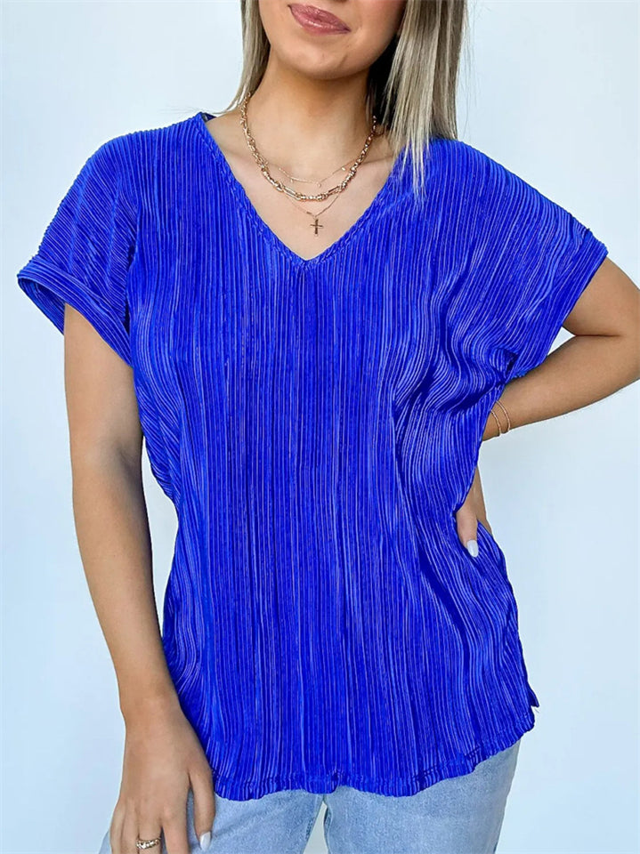 Women's Solid Color Striped V Neck Casual Short Sleeve Shirts