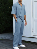 Men's 2 Pcs Summer Solid Color Lapel Top & Pants Set