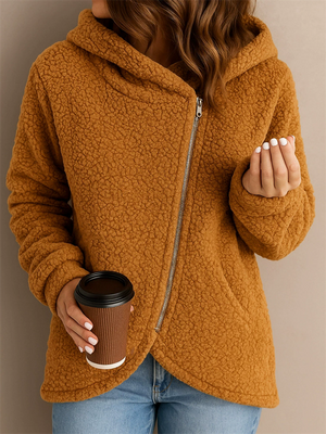 Women's Solid Color Long-sleeved Zip Up Asymmetric Hooded Fleece Coats