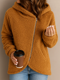 Women's Solid Color Long-sleeved Zip Up Asymmetric Hooded Fleece Coats