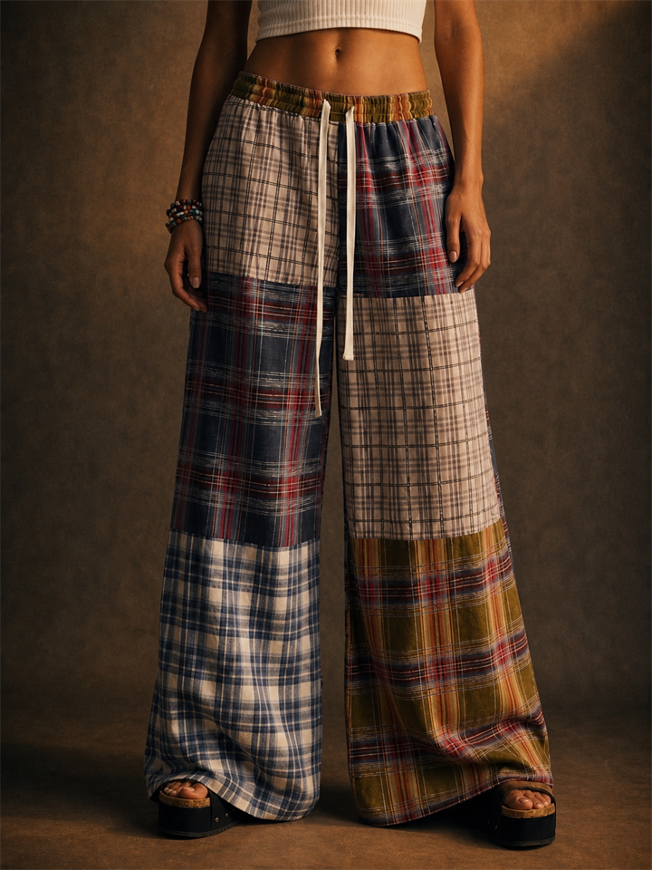 Women Drawstring Color Block Boho Plaid Patchwork Wide Leg Pants
