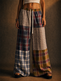 Women Drawstring Color Block Boho Plaid Patchwork Wide Leg Pants