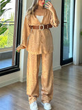 Comfy Long Sleeve Leopard Print Shirt and Wide Leg Pant Set For Women