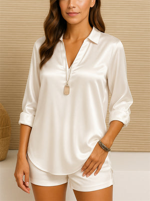 Ladies' White V Neck Pullover Long Sleeve Satin Blouses