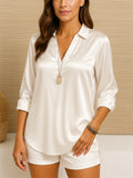 Ladies' White V Neck Pullover Long Sleeve Satin Blouses