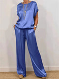 Women's Causal Solid Color Satin Round Neck Shirt &Pants Set