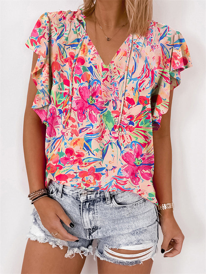 Women's Summer Floral Print V-neck Ruffled Short Sleeve Shirts