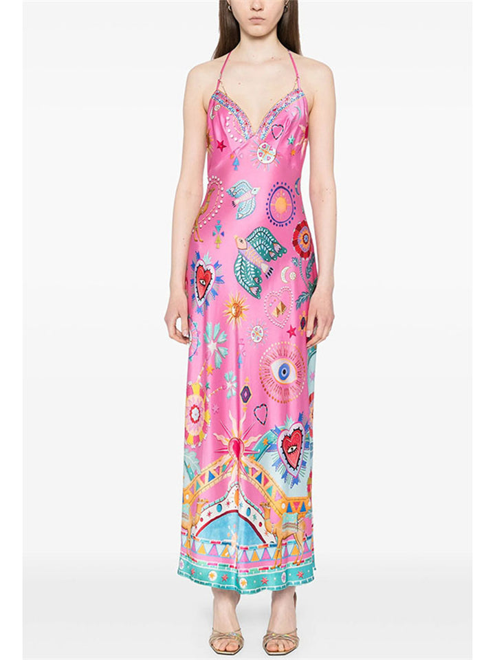 Women's Summer Trendy Print Strap Backless Satin Dress