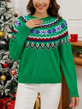 Women's Autumn Vintage Green Contrast Color Jacquard Round Neck Christmas Sweaters
