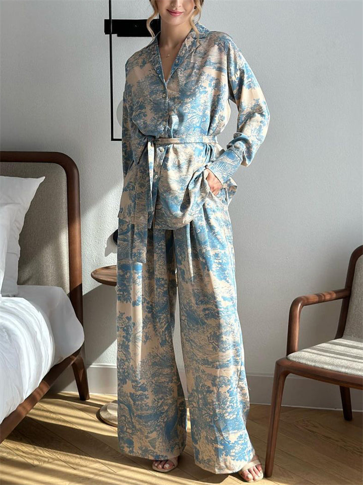 French Style Long Sleeve Print Button Tie-waist Shirt and Wide Leg Pant Set