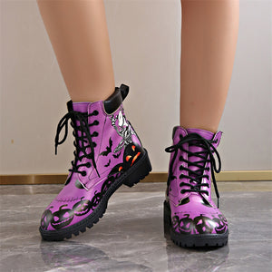 Halloween Element Printed Women's Lace-up Round Toe Martin Boots