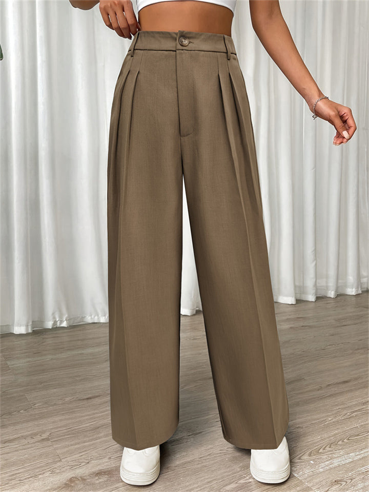 Women's Casual Khaki Solid Color High Waist Pleated Pants