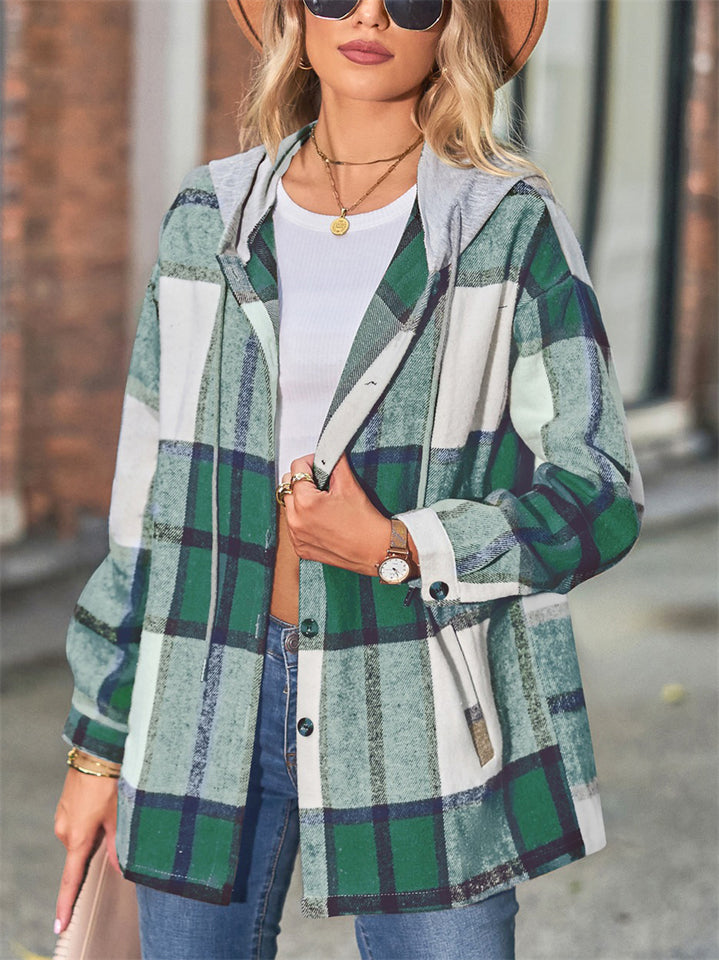 Women's Loose Plaid Long Sleeve Button Up Hooded Coat