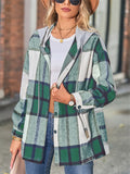 Women's Loose Plaid Long Sleeve Button Up Hooded Coat