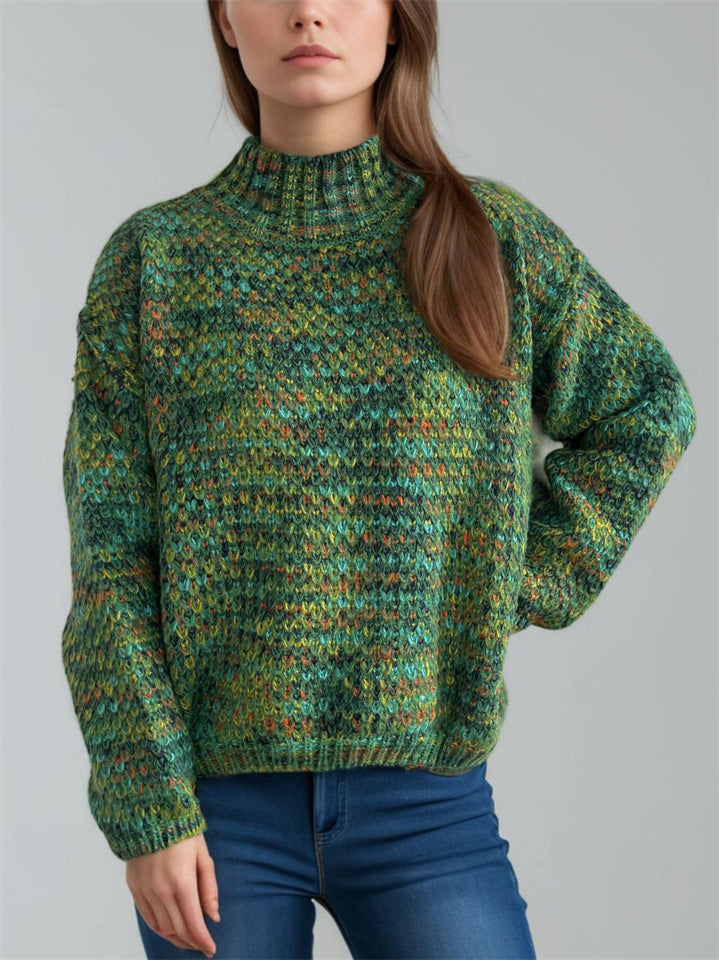 Women's Casual Contrast Color Semi-High Neck Long Sleeve Sweater