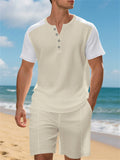 Men's Casual Waffle Contrast Color Comfy Beach Henry Shirt & Shorts Set