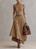 Women Turtleneck Top and Faux Suede Asymmetric Maxi Skirt Two Piece Set