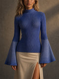 Womens Stylish Slim Fit Mock Neck Bell Sleeve Ribbed Knit Top