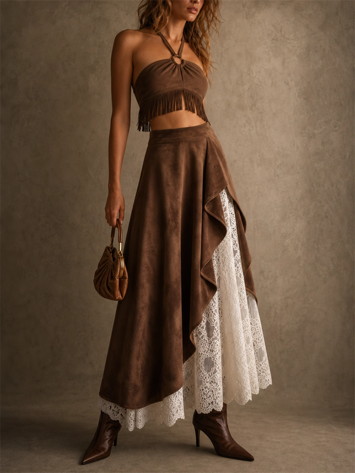 Women's High Waist Asymmetrical Faux Suede Maxi Skirt